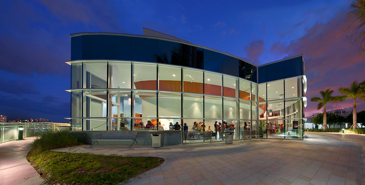 Architectural dusk view of Aventura Arts snd Cultural Center - Aventura. FL.