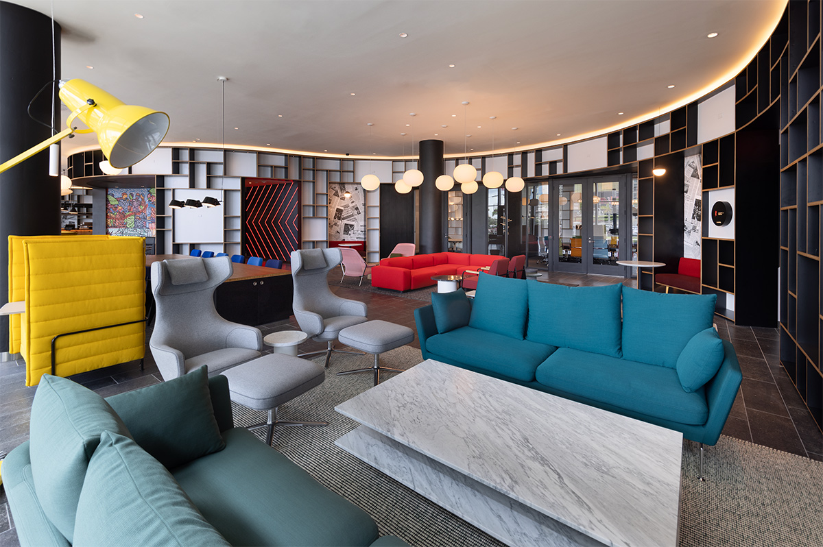 Interior design lounge view of the Citizen M hotel in Miami, FL.