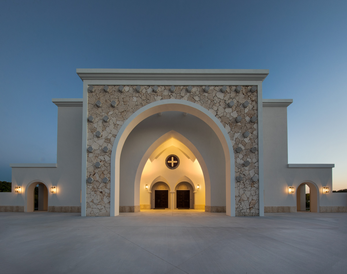 Architectural dusk view of the Palmer Trinity school chapel entrance in Miami, FL