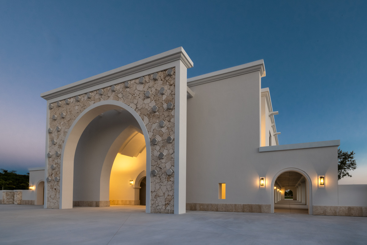 Architectural dusk view of the Palmer Trinity school chapel entrance in Miami, FL