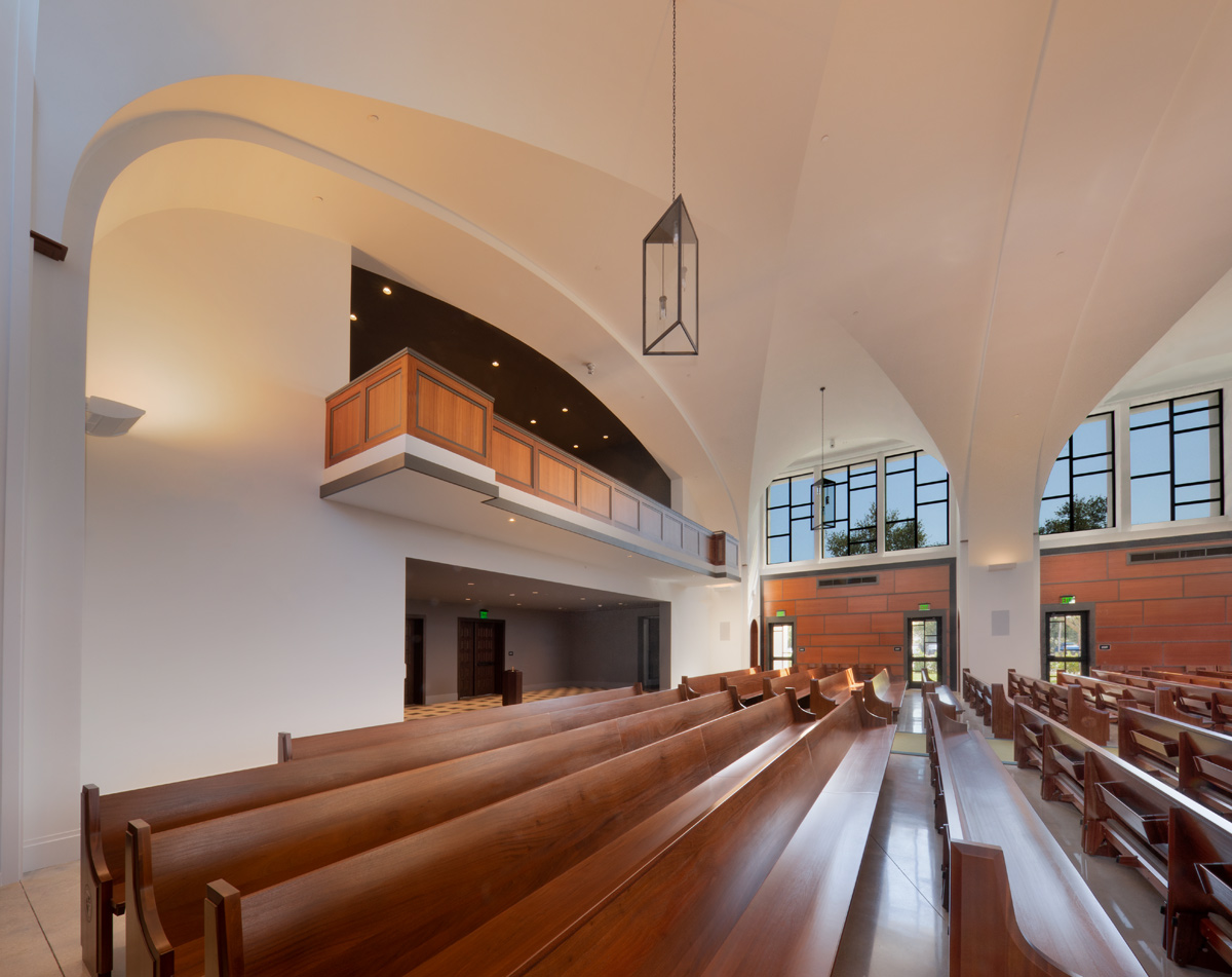 Interior design detail view of the Palmer Trinity school chapel sanctuary in Miami, FL