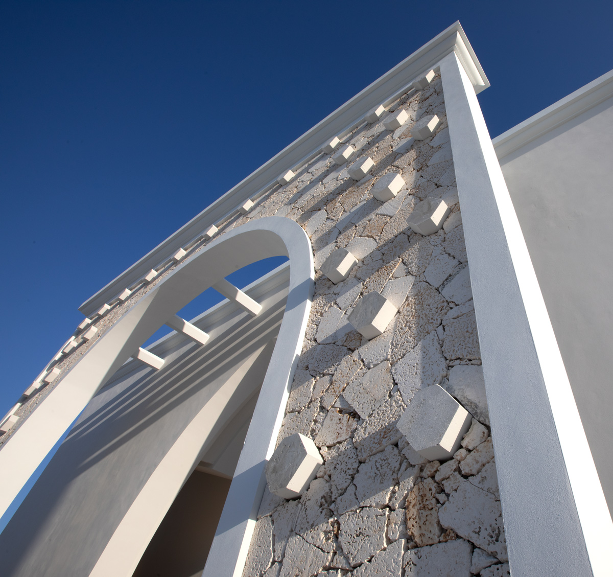 Architectural detail view of the Palmer Trinity school chapel entrance in Miami, FL