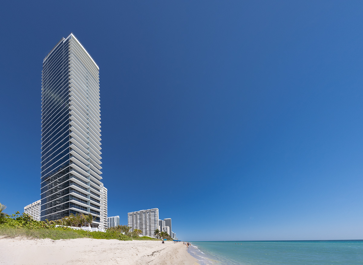Architectural beach view of the 2000 Ocean condo in Hallandale Beach, FL.