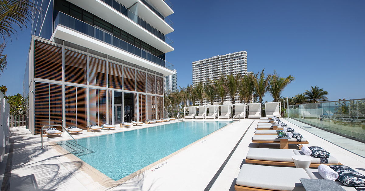 Architectural pool view at the 2000 Ocean condo in Hallandale Beach, FL.