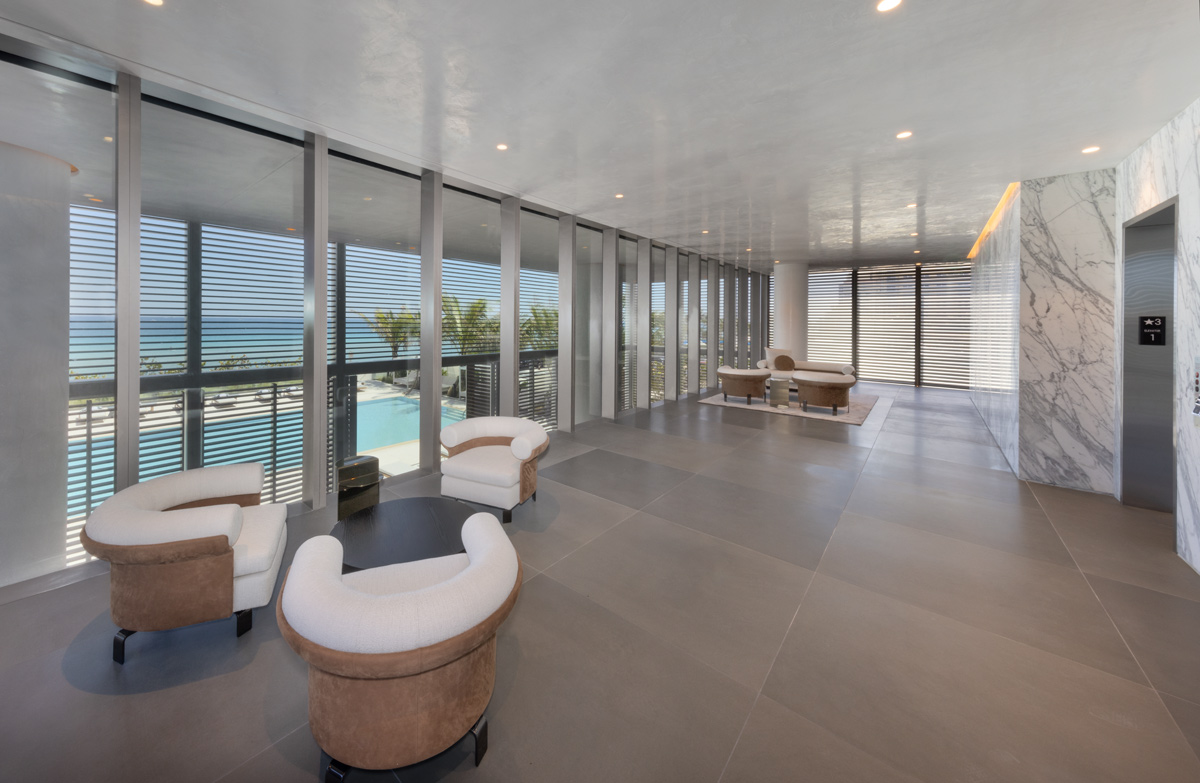 Interior design residence lounge view at the 2000 Ocean condo in Hallandale Beach, FL.