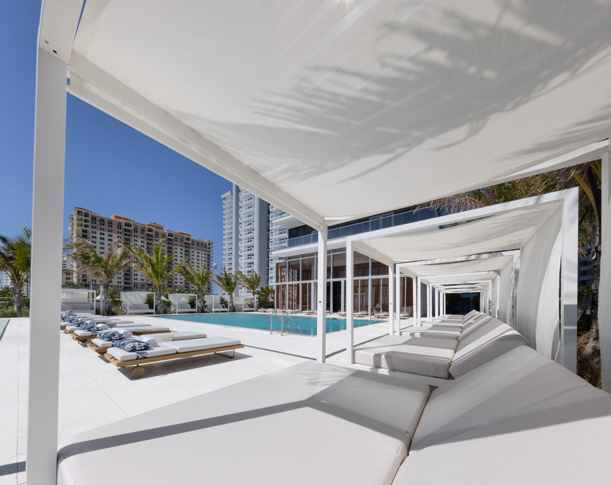 Architectural pool deck views of the 2000 Ocean condo in Hallandale Beach, FL.