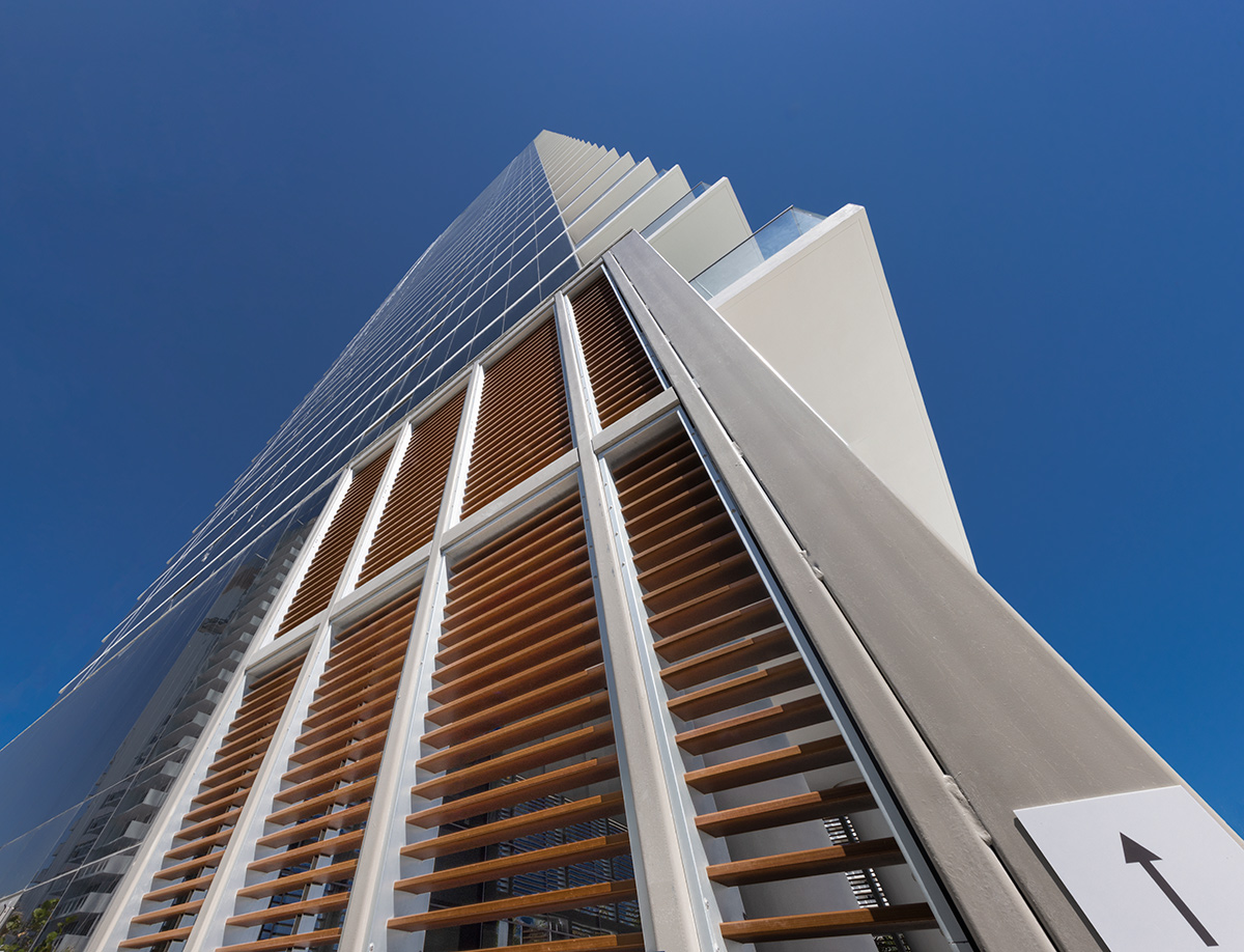 Architectural detail tower view of the 2000 Ocean condo in Hallandale Beach, FL.