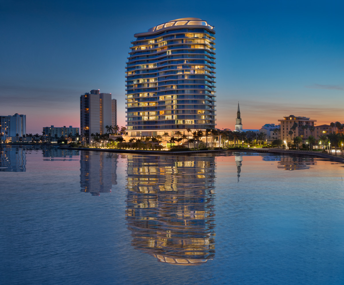 Dusk view of the Bristol luxury rental condominium located at the edge of the intercostal.