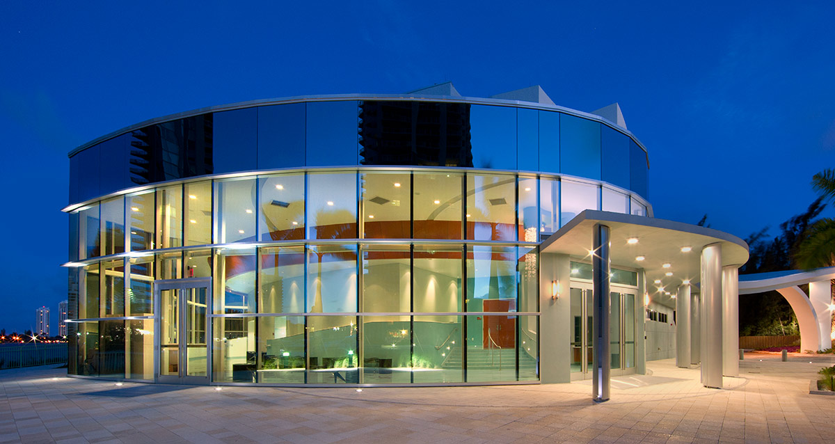 Architectural dusk view of Aventura Arts snd Cultural Center - Aventura. FL.