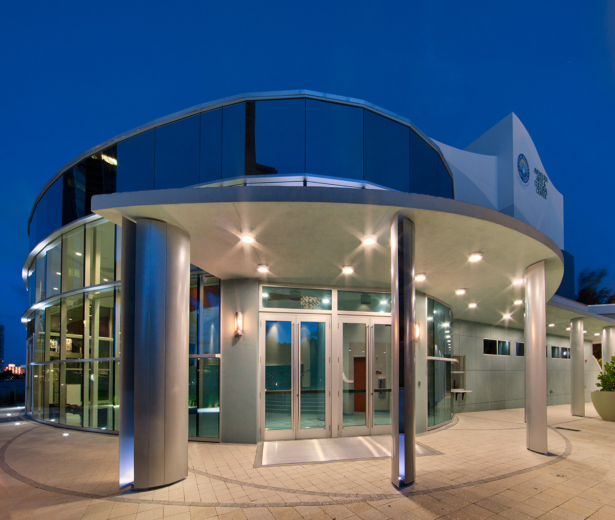 Architectural dusk view of Aventura Arts snd Cultural Center - Aventura. FL.