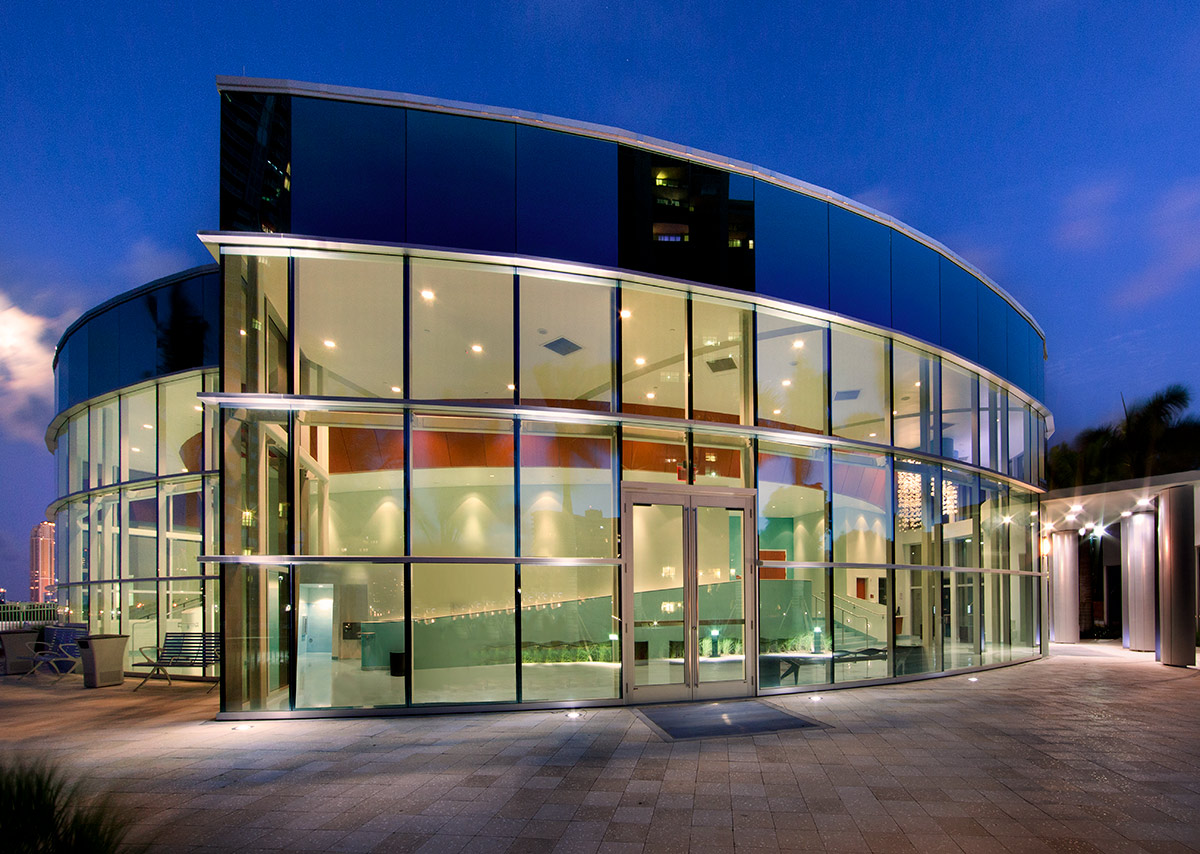 Architectural dusk view of Aventura Arts snd Cultural Center - Aventura. FL.