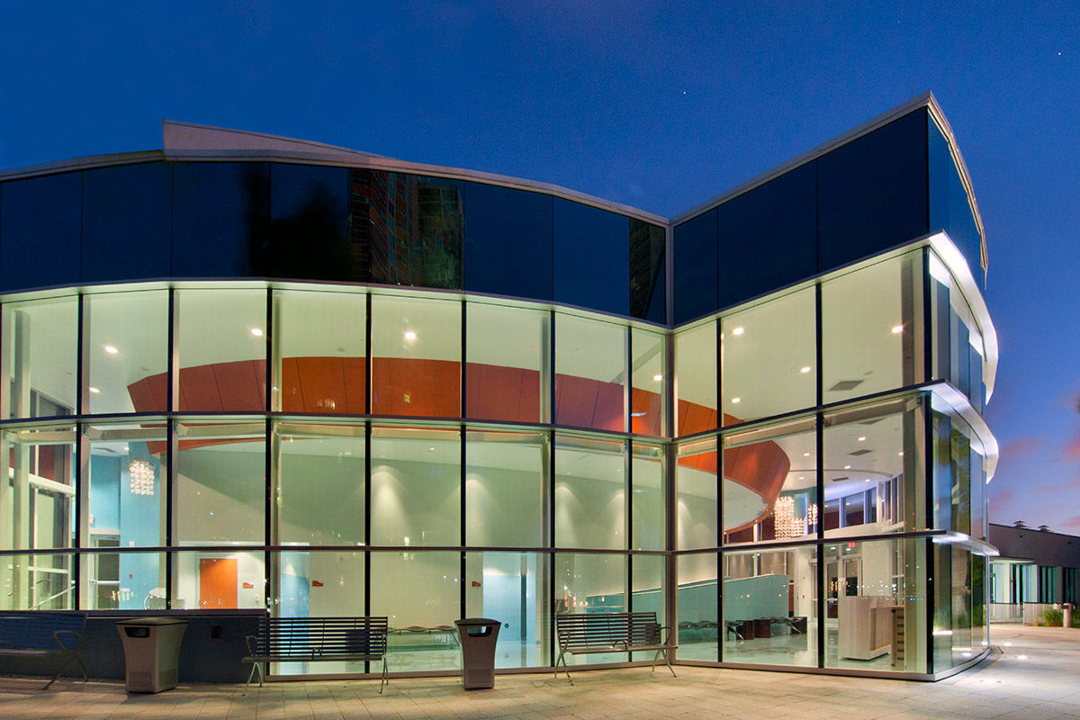 Architectural dusk view of Aventura Arts snd Cultural Center - Aventura. FL.