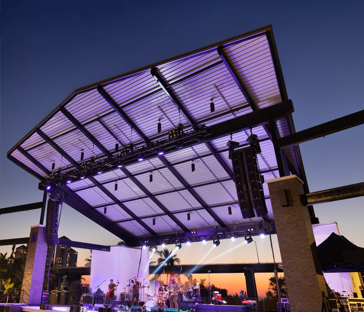 Architectural dusk view of the Caloosa Sound Amphitheater in Fort Myers, FL 