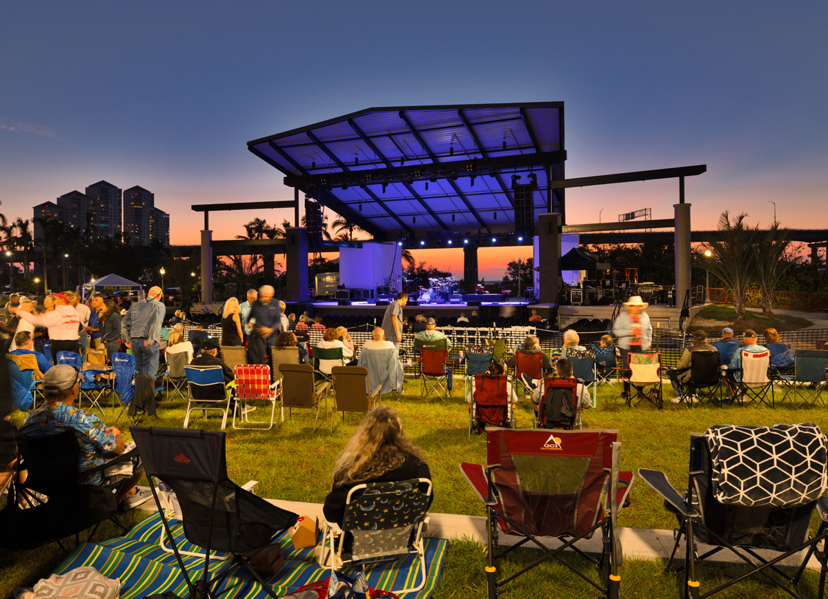 Architectural dusk view of the Caloosa Sound Amphitheater in Fort Myers, FL 