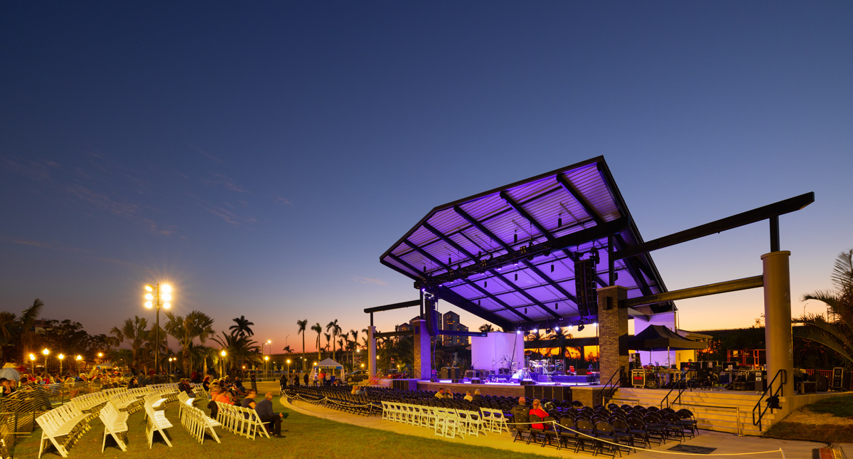 Architectural dusk view of the Caloosa Sound Amphitheater in Fort Myers, FL 