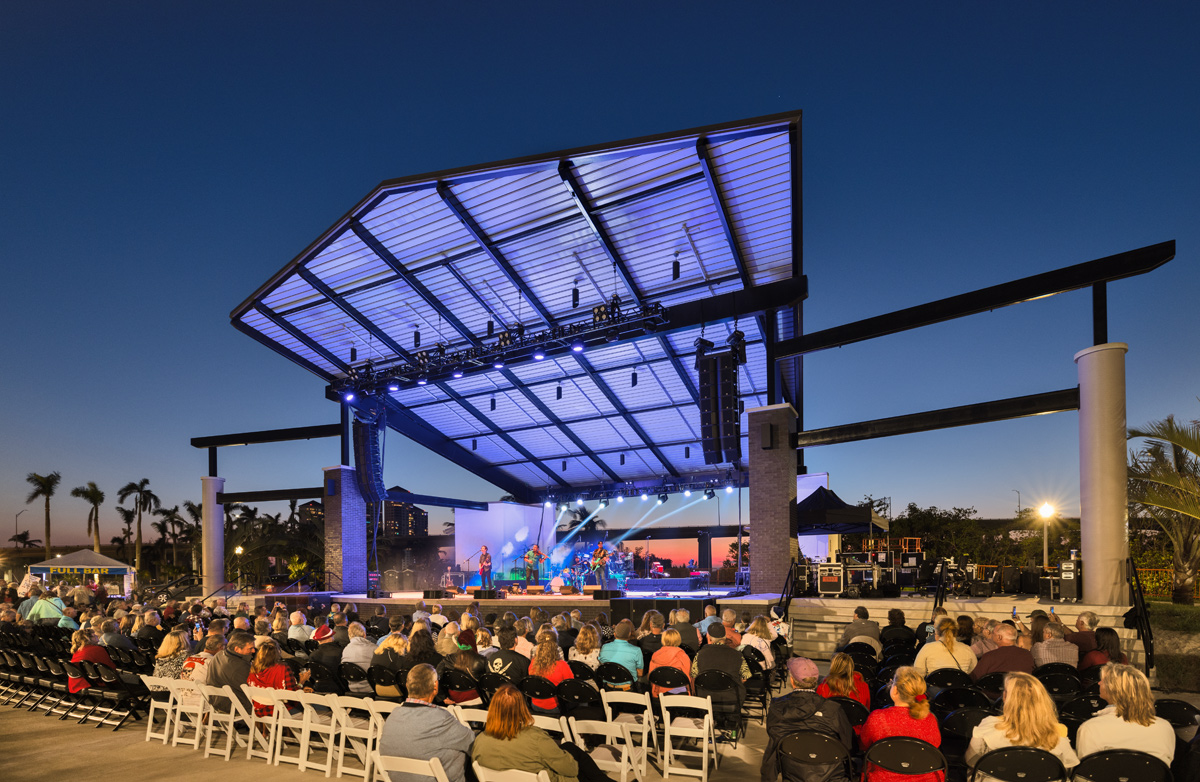 Architectural dusk view of the Caloosa Sound Amphitheater in Fort Myers, FL 