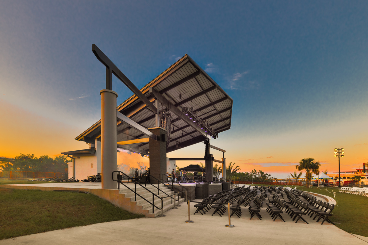 Architectural sunset view of the Caloosa Sound Amphitheater in Fort Myers, FL 