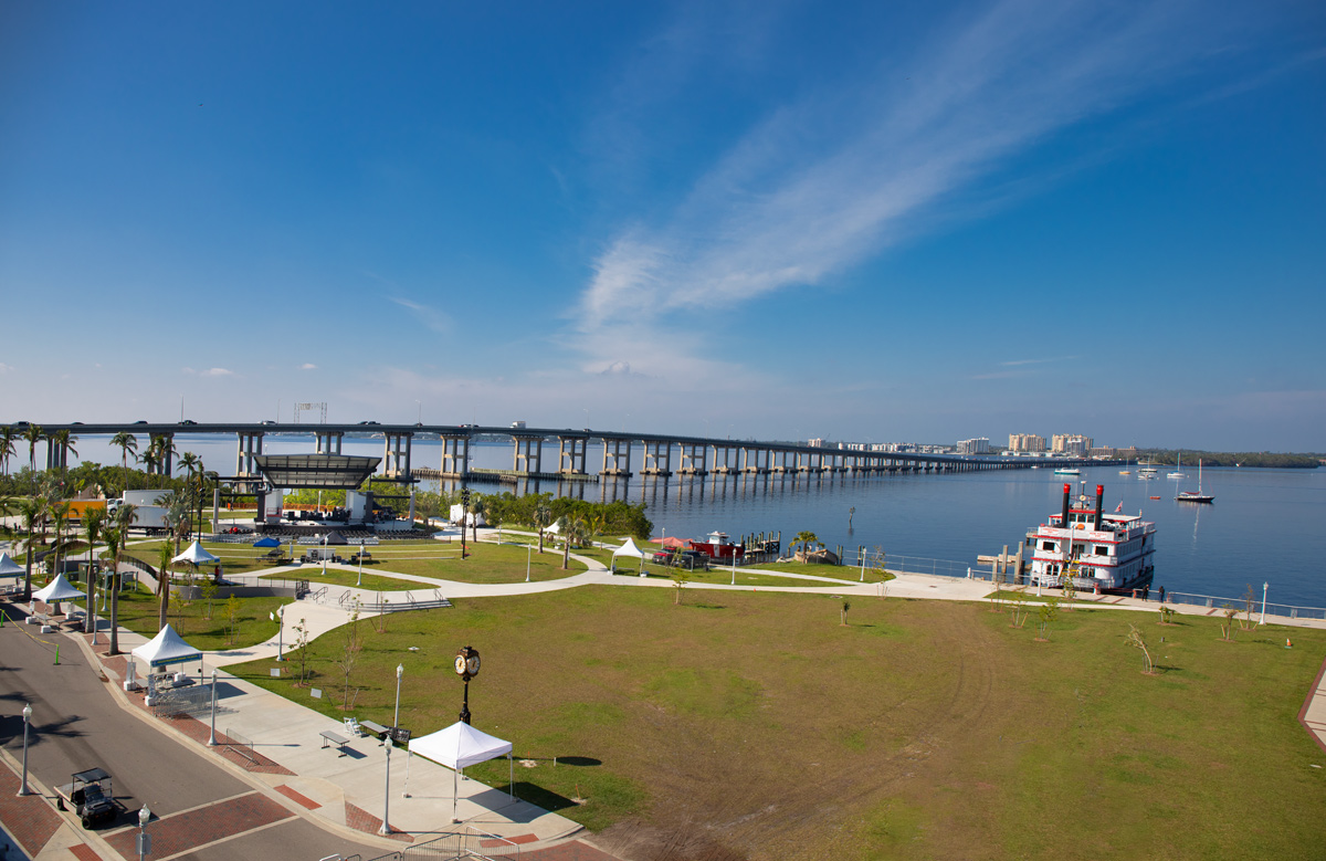 Architectural landscape view of the Caloosa Sound Amphitheater in Fort Myers, FL 