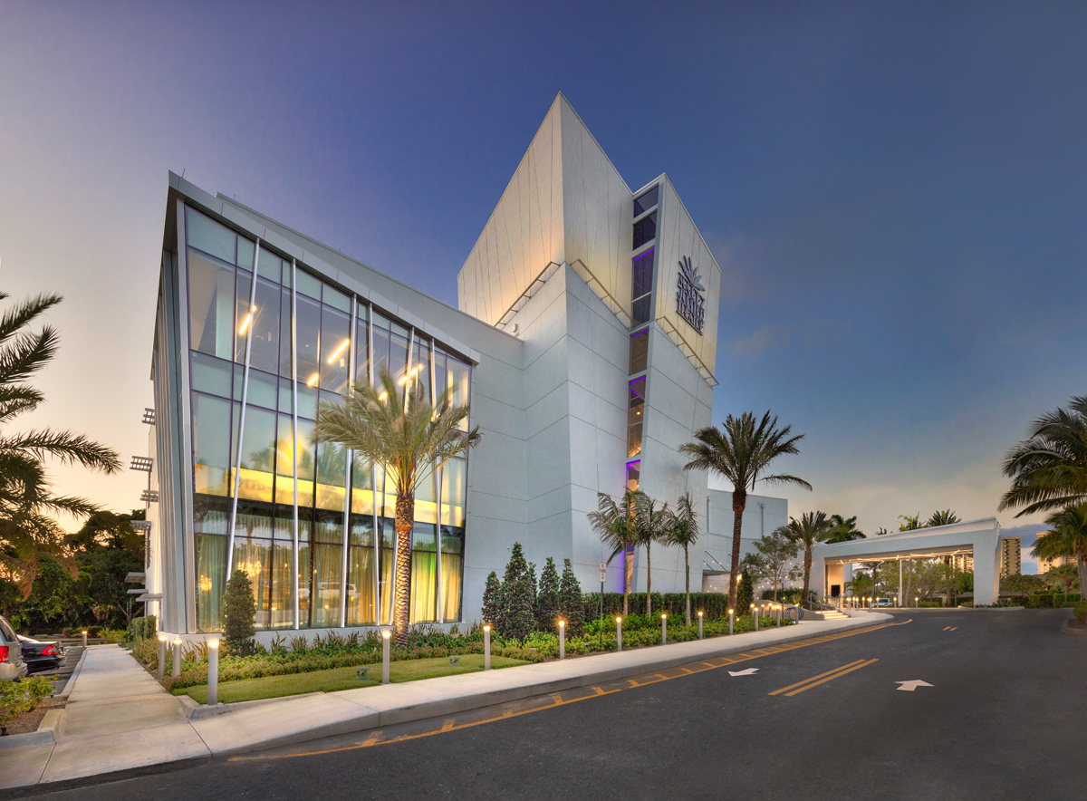 Architectural dusk view of Maltz theater in Jupiter, FL.