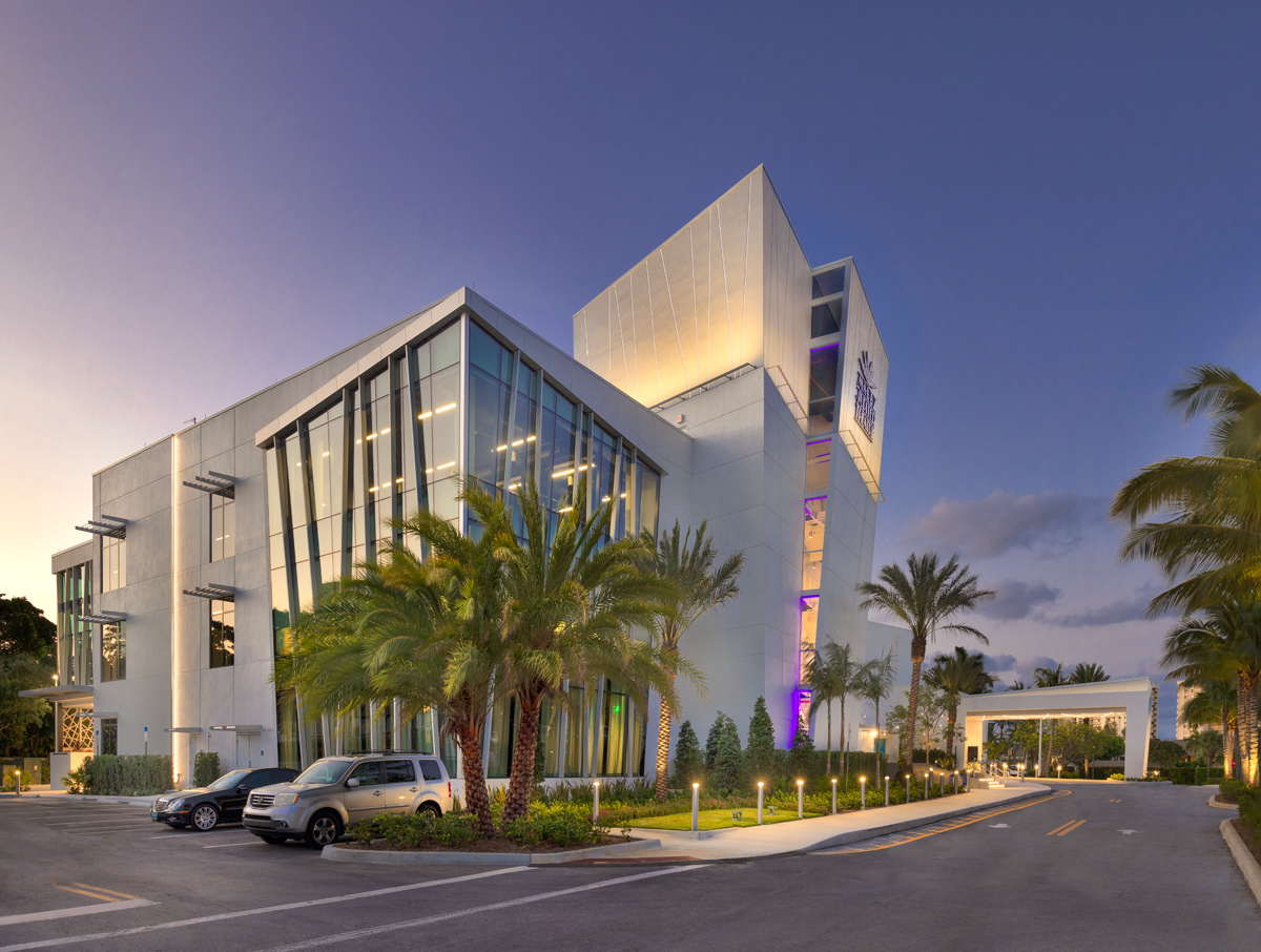 Architectural dusk view of Maltz theater in Jupiter, FL.