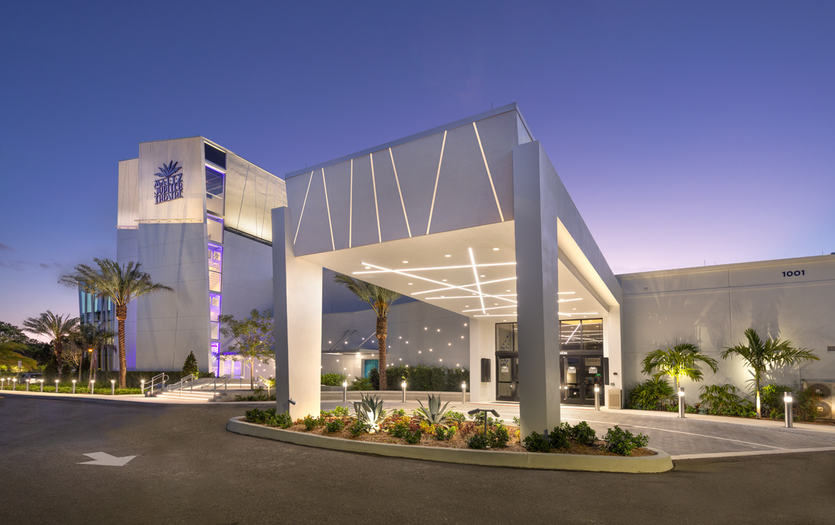 Architectural dusk view of Maltz theater in Jupiter, FL.