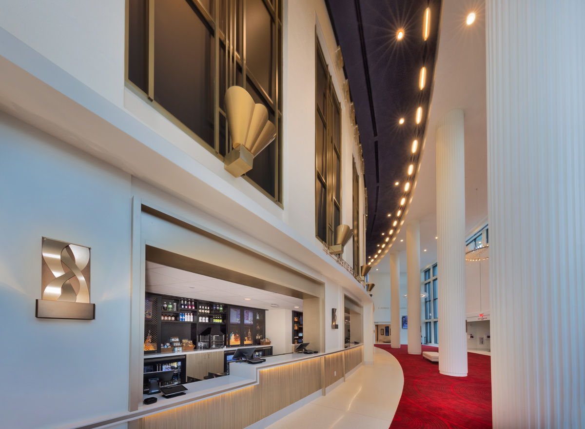 Interior design view of the Parker Playhouse theater lobby in Fort Lauderdale, FL. 