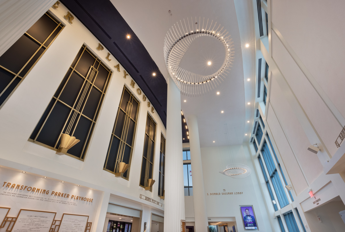 Interior design view of the Parker Playhouse theater lobby in Fort Lauderdale, FL. 
