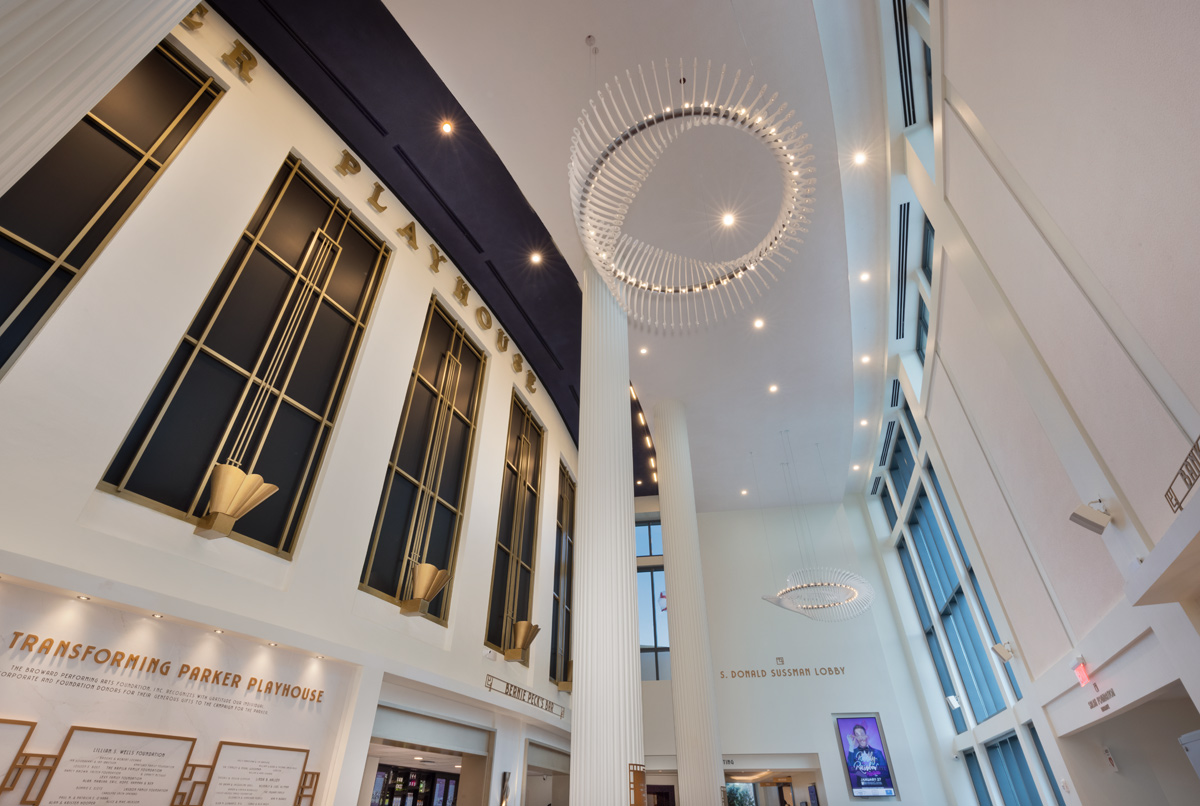 Interior design view of the Parker Playhouse theater lobby in Fort Lauderdale, FL. 