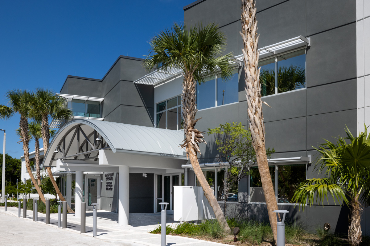 Architectural view of the Monroe County Courthouse entrance in Islamorada, FL.
