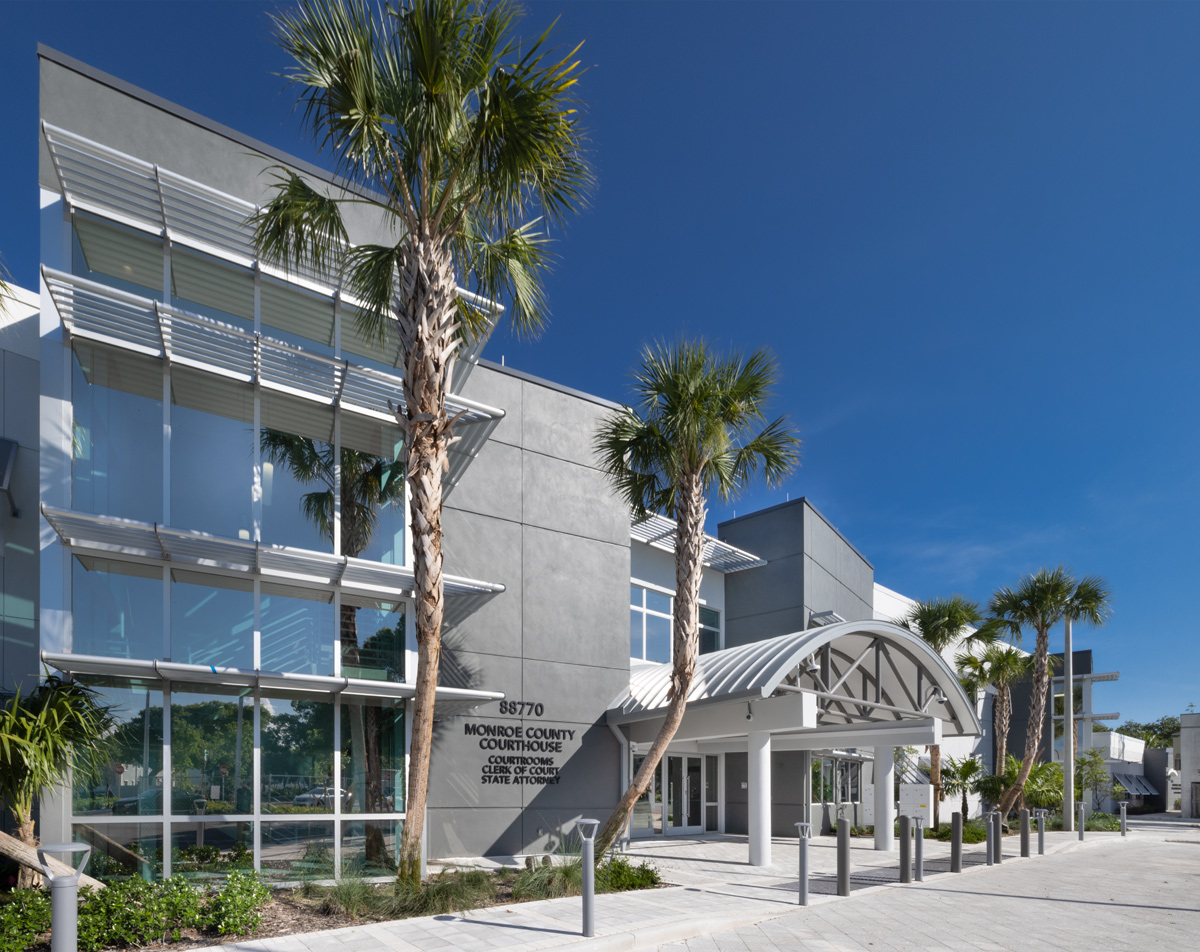 Architectural view of the Monroe County Courthouse entrance in Islamorada, FL.
