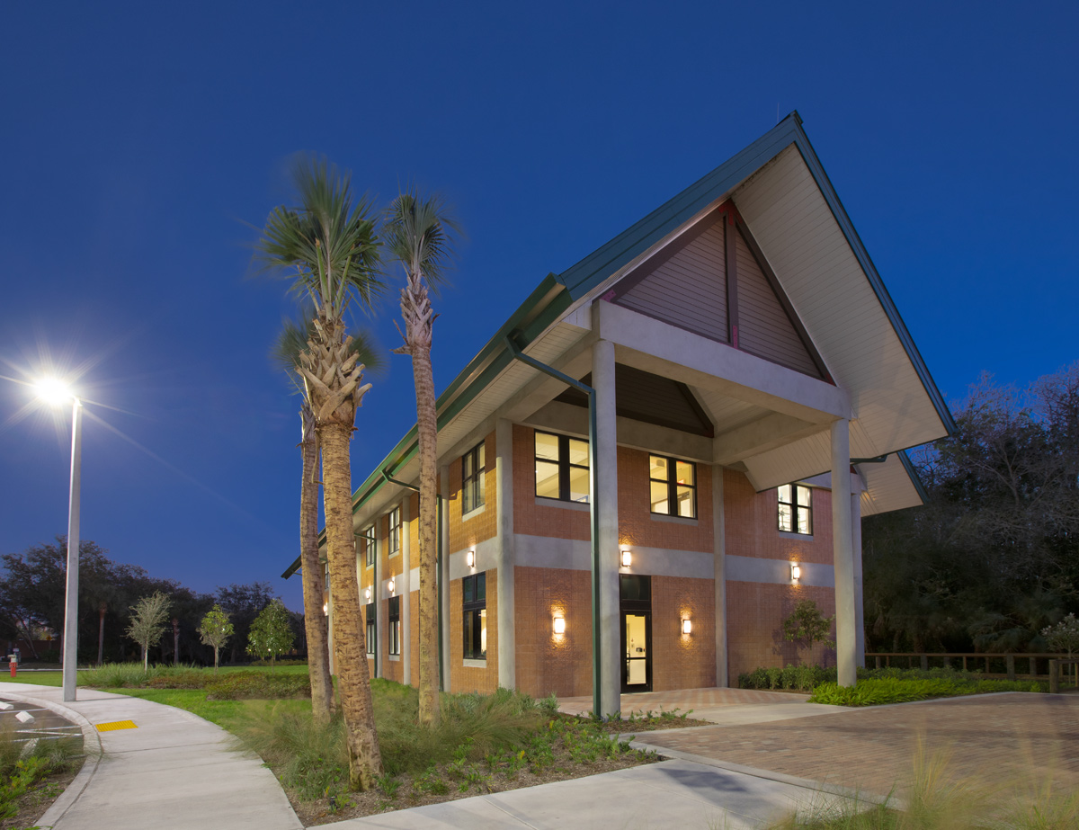 Architectural dusk view of the Abiaki Tribal Historic Preservation HQ in Clewiston, FL