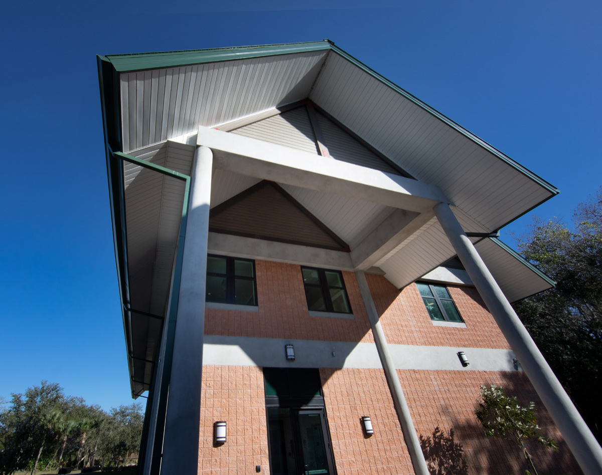 Architectural detail view of the Abiaki Tribal Historic Preservation HQ in Clewiston, FL