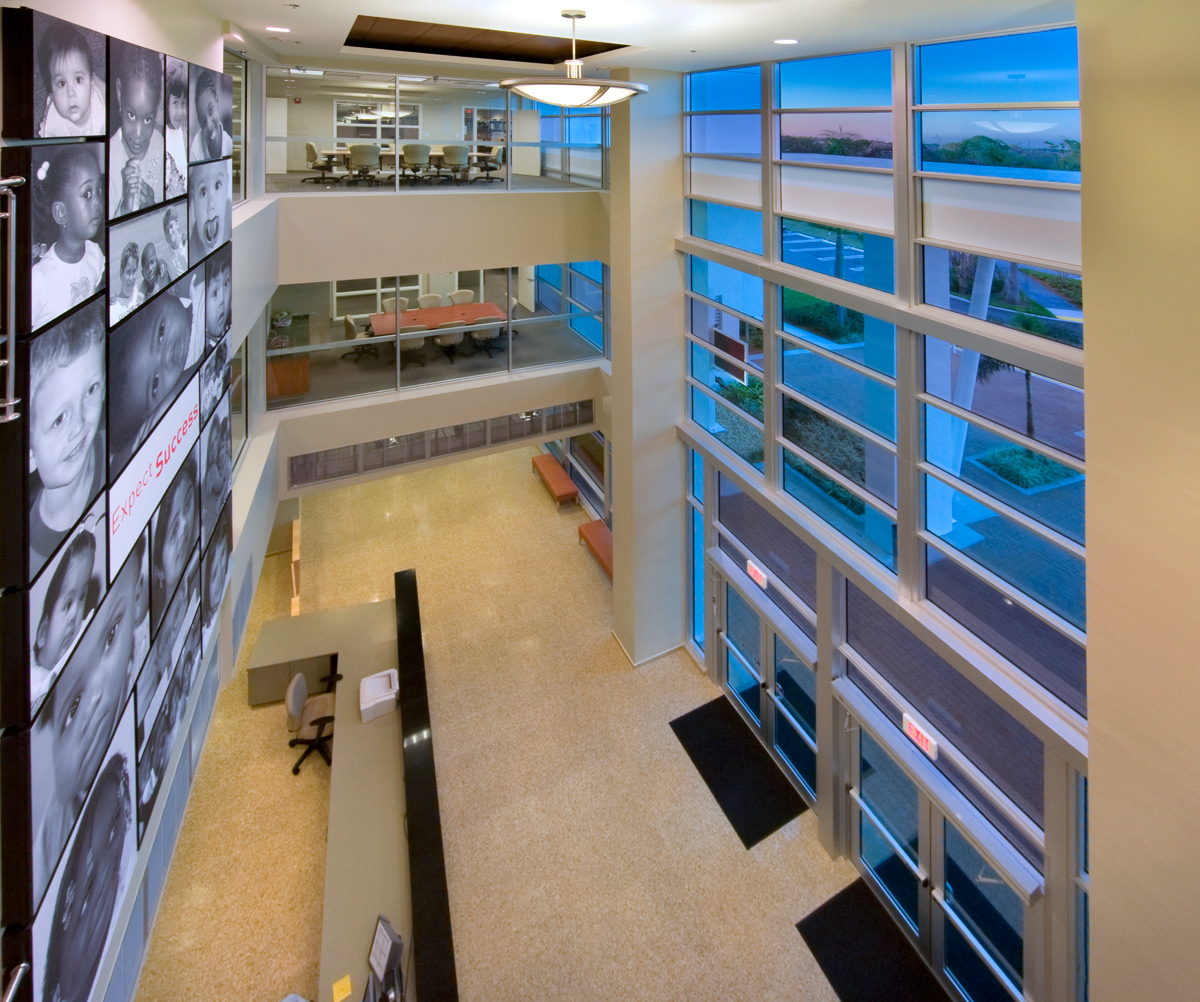 Interior design view of the lobby atrium at the Children's Services Council - West Palm Beach, FL.