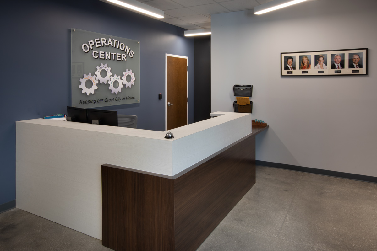 Interior design view of reception at the Palm Beach Gardens operations center.