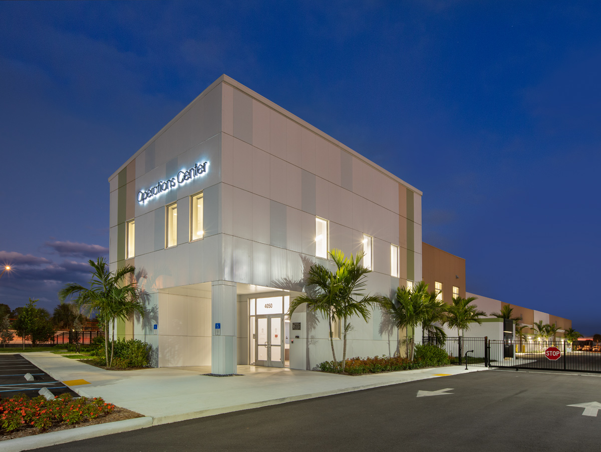 Architectiural dusk view of Palm Beach Gardens operations center.