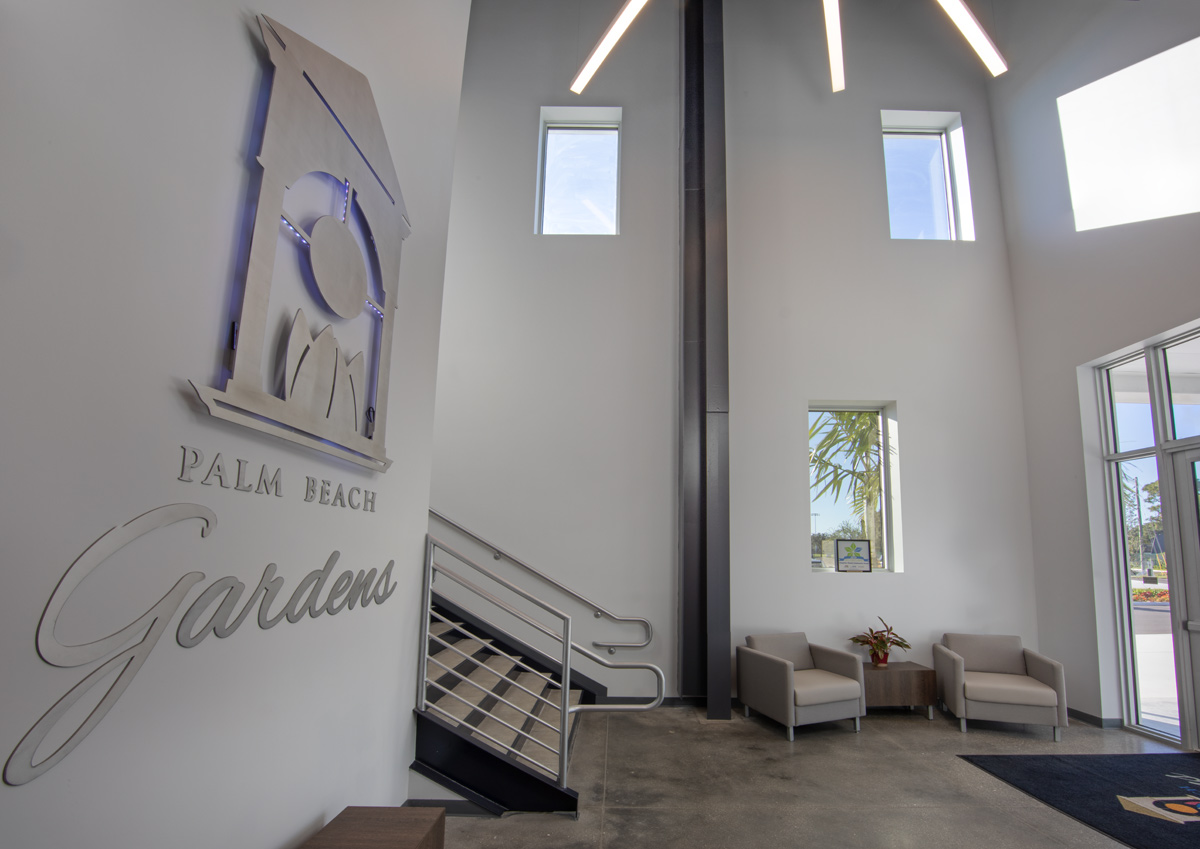 Interior design view of the lobby at the Palm Beach Gardens ops center.