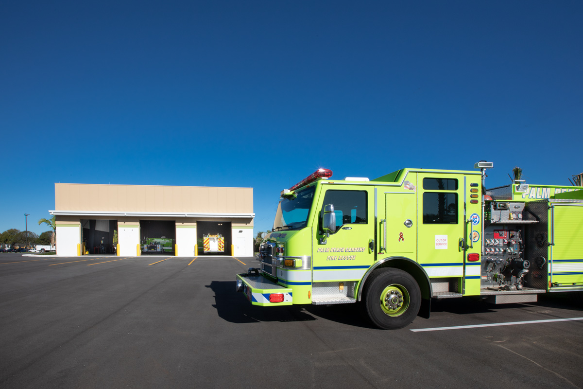 Architectiural view of Palm Beach Gardens ops center with fire truck.