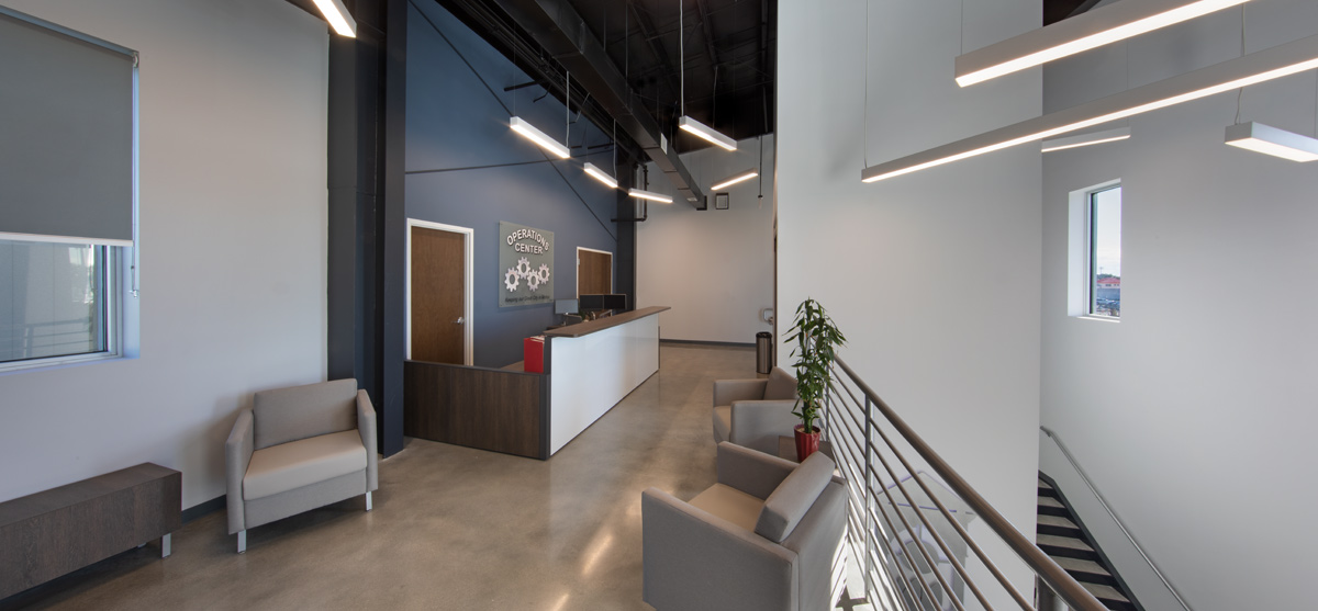 Interior design view of admin reception at the Palm Beach Gardens ops center.