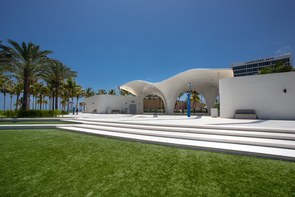 Las Olas Fort Lauderdale beachfront park pavilion lawn architectural view.