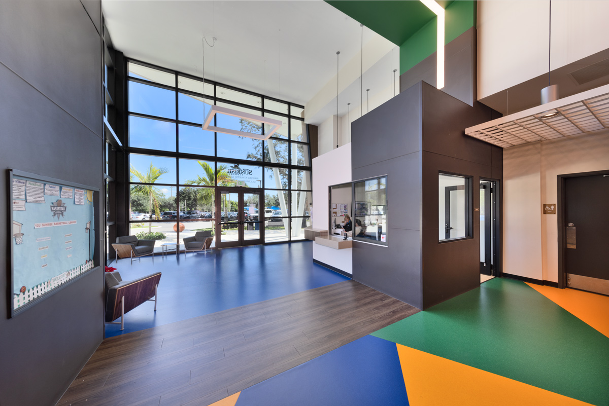 Interior design lobby reception view at the Sunrise Athletic Center - Sunrise, FL.