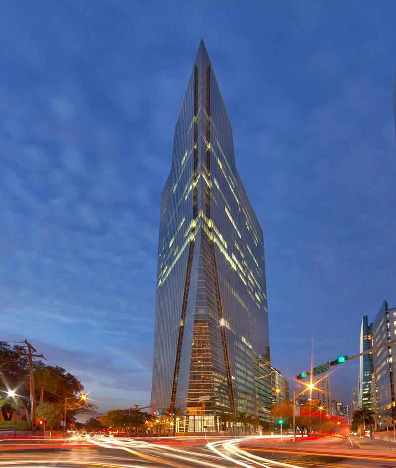 Architectural dusk view of 1450 Brickell office tower.