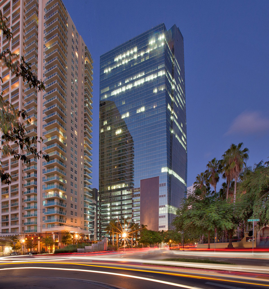 Architectural dusk view of 1450 Brickell office tower.