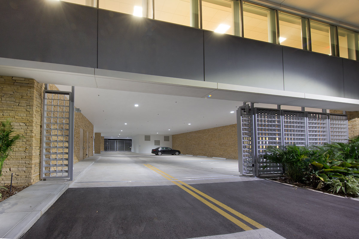 Interior architectural dusk view of the HBO data center parking in Sunrise, FL 