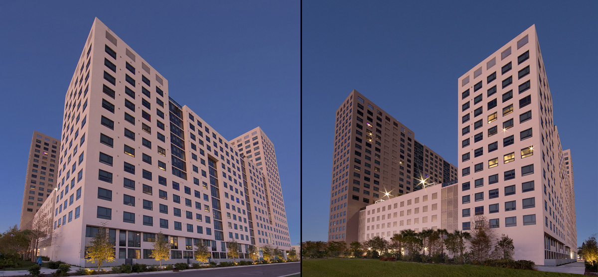 FIU Miami One student housing at dusk,