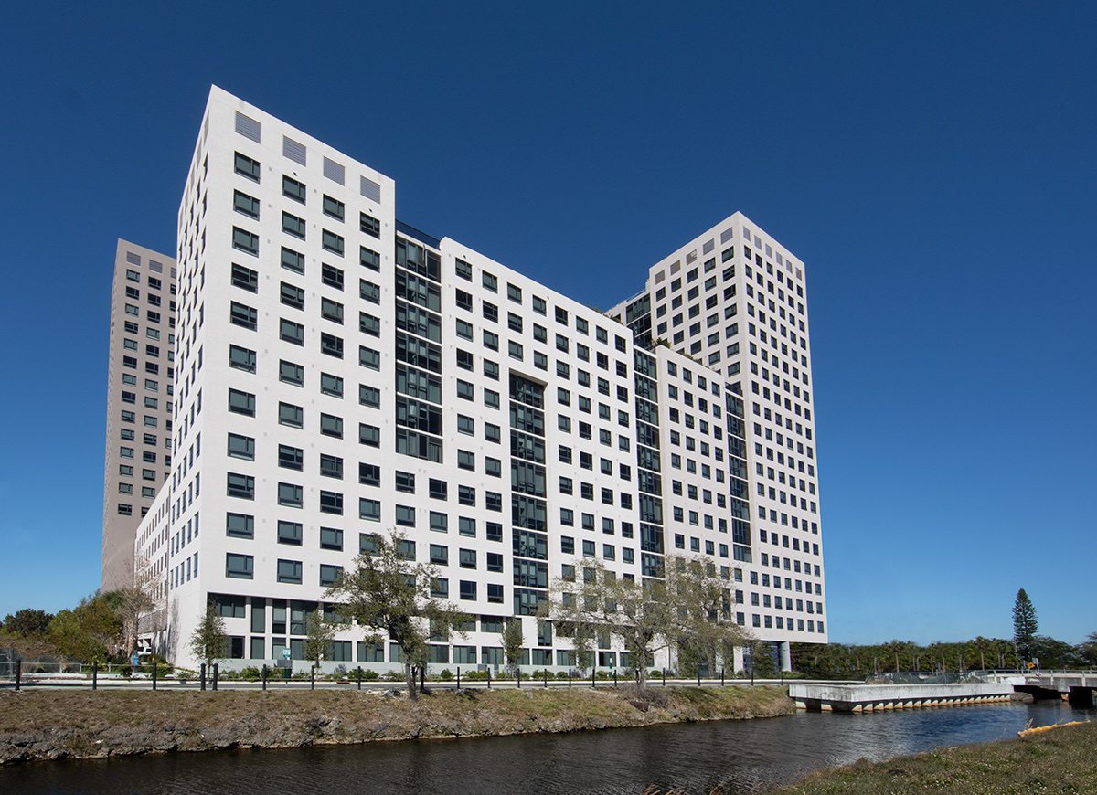 Architectural building view of FIU Miami One student housing,