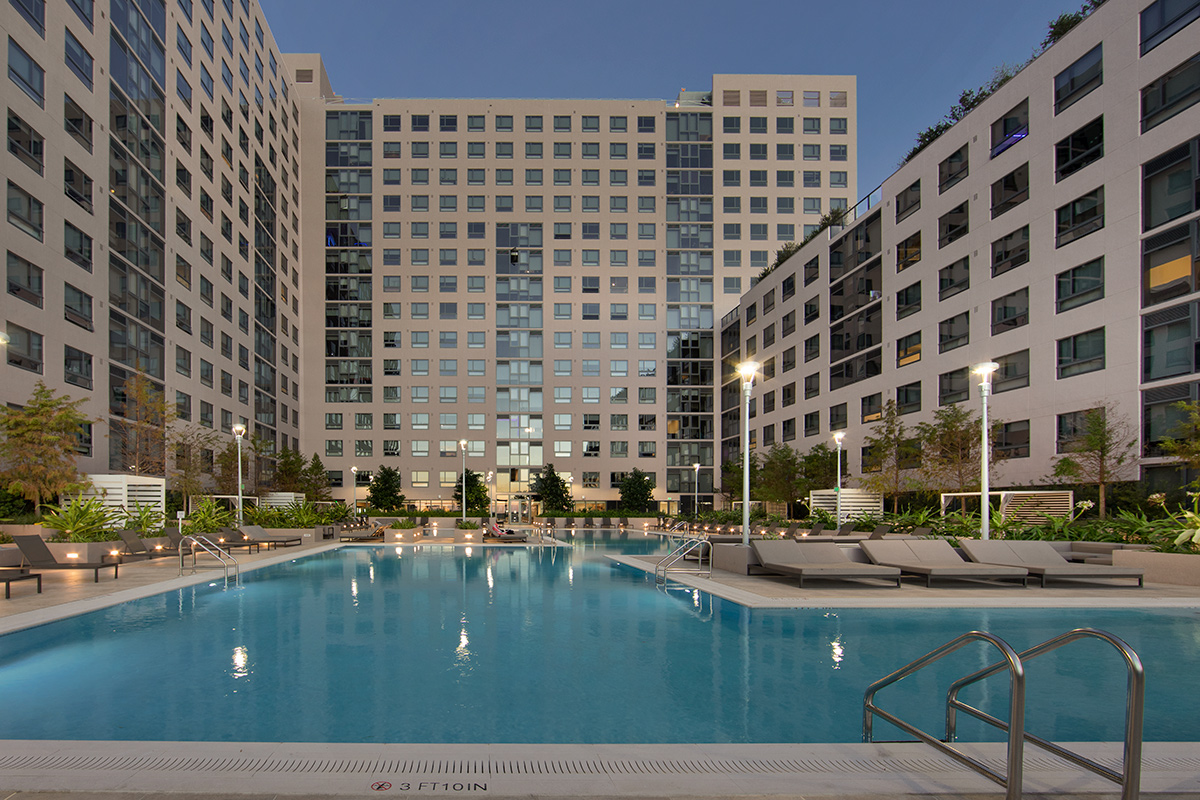 FIU Miame One student housing pool deck at dusk,