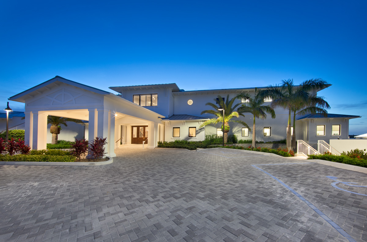 Architectural dusk view of Key Biscayne yacht club.