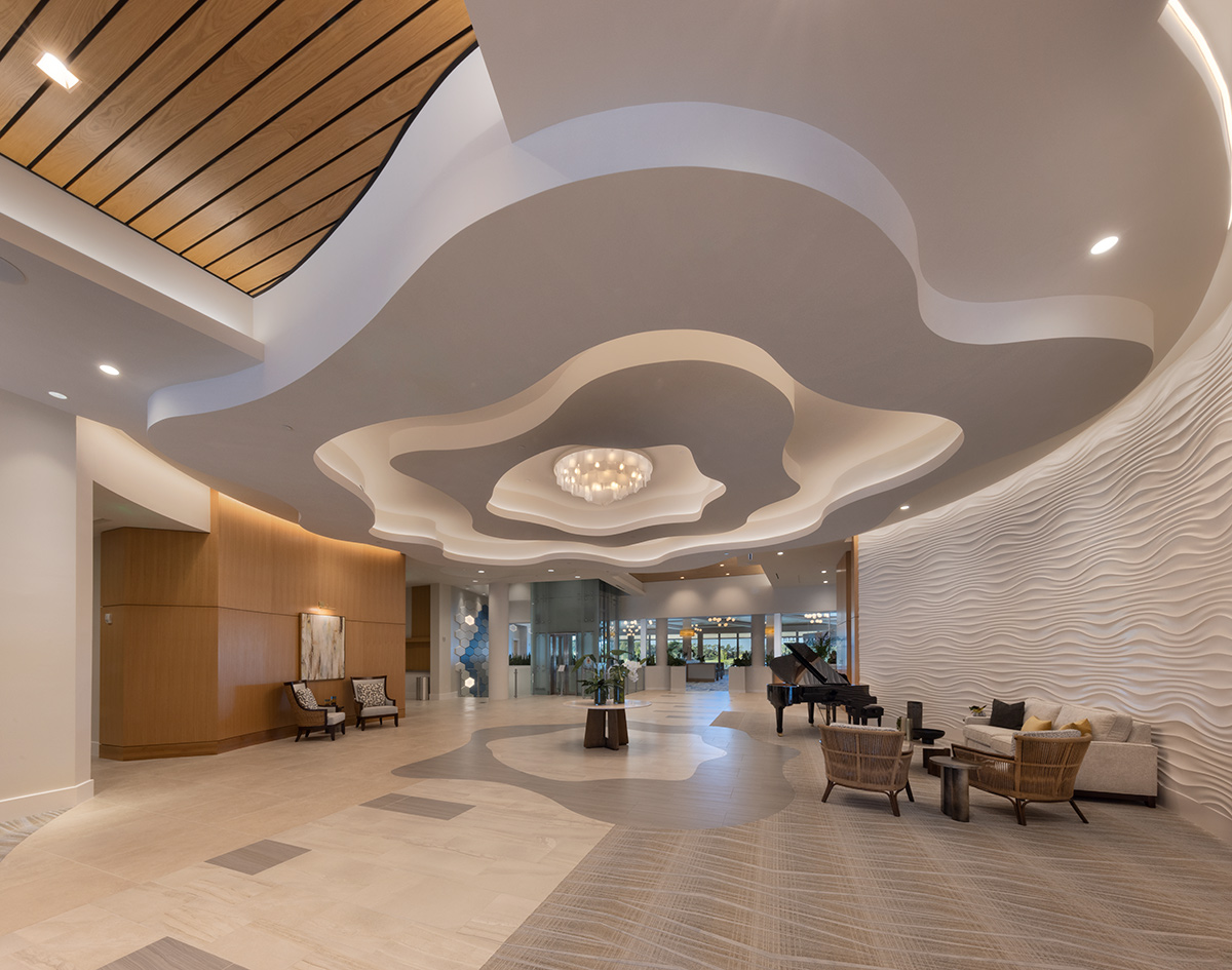 Interior design lobby view of Moorings Grand Lake Clubhouse - Naples, FL.