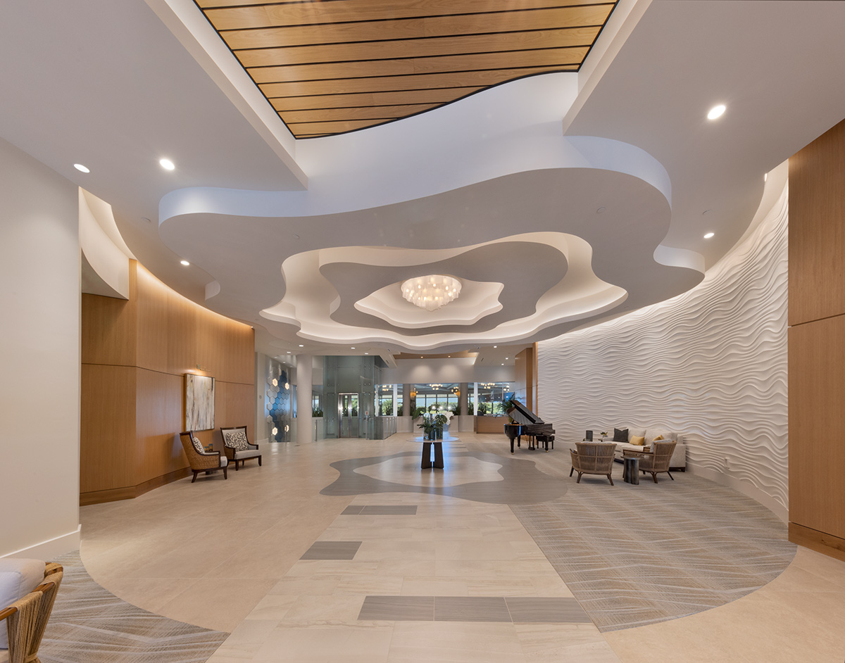 Interior design lobby view of Moorings Grand Lake Clubhouse - Naples, FL.