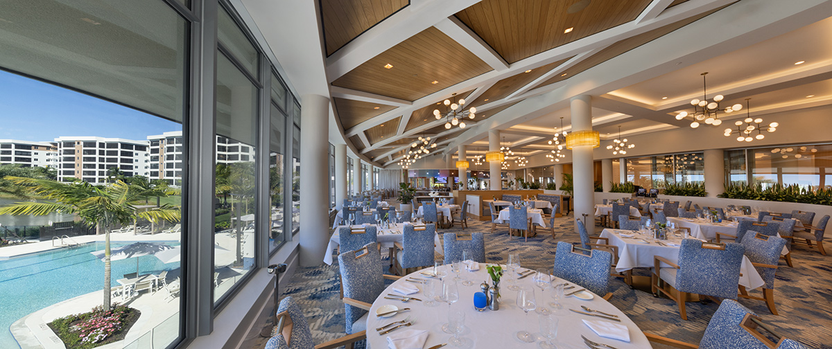 Interior design lobby dining room view of Moorings Grand Lake Clubhouse in Naples, FL.